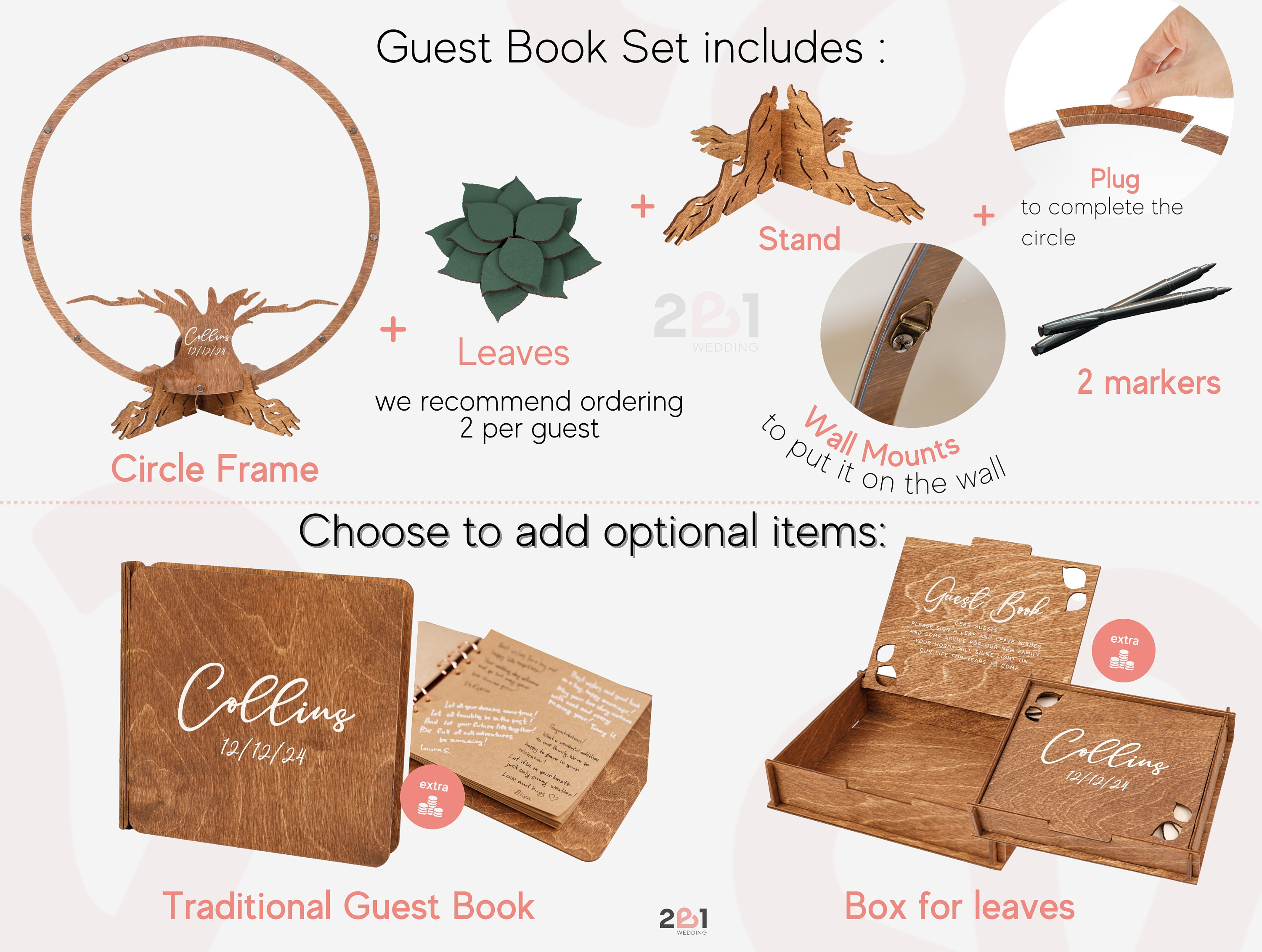 WEIYOUDP Alternative Au Livre D'or De Mariage Personnalisé, Panneau Circulaire De Bienvenue Avec Feuilles, Arbre Généalogique, Anniversaire, Fête Prénatale, Anniversaire De Mariage, Décoration En Bois