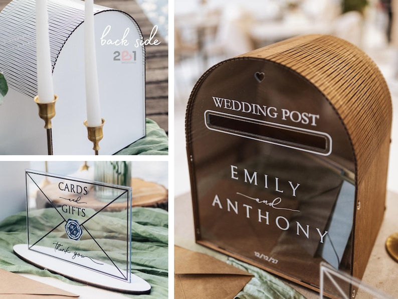 May include: A collection of wedding decor items. Includes a wooden wedding post box with the names "Emily and Anthony" and the date 12/12/20, a clear acrylic sign that says "Cards and Gifts", and a mirrored backdrop with candles.