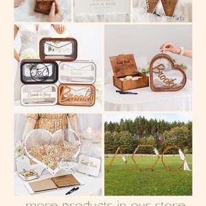 Puede incluir: Art&iacute;culos de decoraci&oacute;n de boda de madera, que incluyen un libro de visitas en forma de coraz&oacute;n, un letrero de madera con el texto "Bienvenido a la boda de Jack & Rose", una letra W de madera con el texto "Williams" y una caja de madera con el texto "Libro de visitas".