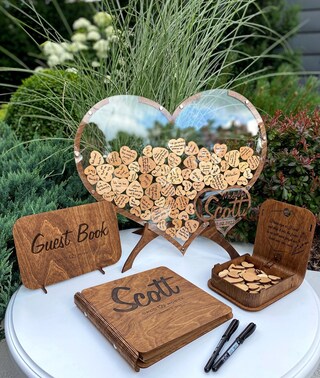SelfTek Libro Degli Ospiti Per Matrimonio In Legno: Cornice Con Segno E 60 Cuori Per Firma, Ideale Anche Per Battesimo E Compleanno