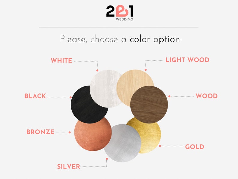 May include: Color chart with eight different color options: white, black, bronze, silver, light wood, wood, gold, and gray. Please, choose a color option.