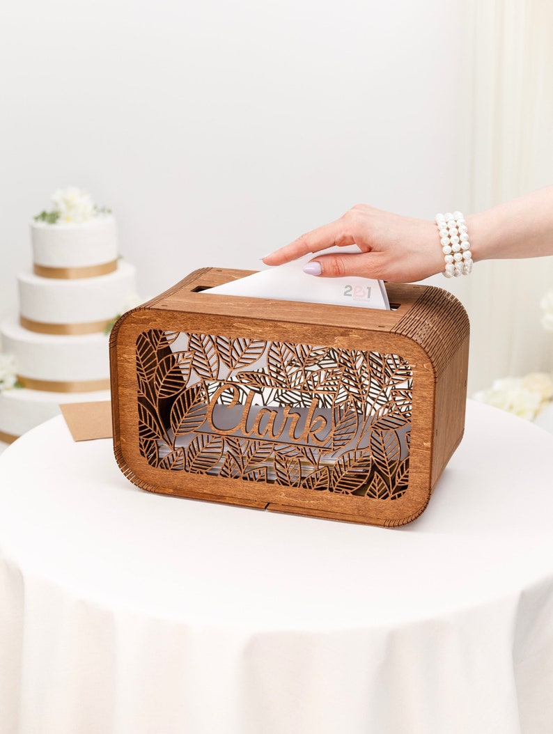 Card Box for Wedding, Rustic Wedding Card Box with Slot, Wedding Decorations, Wooden Envelope Box, Personalized Wedding Decor 2b1Wedding b. with leaves