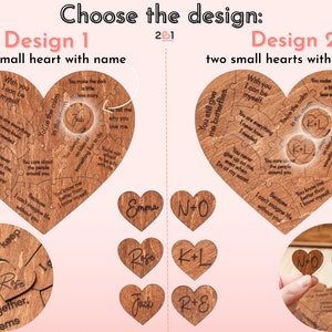 Puede incluir: Dos dise&ntilde;os diferentes para un rompecabezas de madera en forma de coraz&oacute;n. El dise&ntilde;o 1 presenta un solo coraz&oacute;n con un nombre, mientras que el dise&ntilde;o 2 presenta dos corazones m&aacute;s peque&ntilde;os con iniciales. Ambos dise&ntilde;os incluyen una variedad de frases y refranes sobre el amor y las relaciones.
