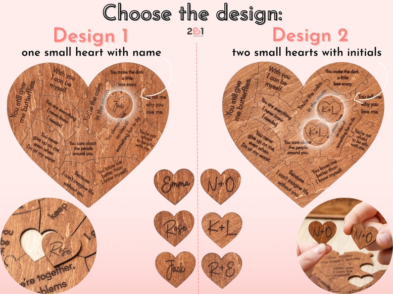 Puede incluir: Dos dise&ntilde;os diferentes para un rompecabezas de madera en forma de coraz&oacute;n. El dise&ntilde;o 1 presenta un solo coraz&oacute;n con un nombre, mientras que el dise&ntilde;o 2 presenta dos corazones m&aacute;s peque&ntilde;os con iniciales. Ambos dise&ntilde;os incluyen una variedad de frases y refranes sobre el amor y las relaciones.