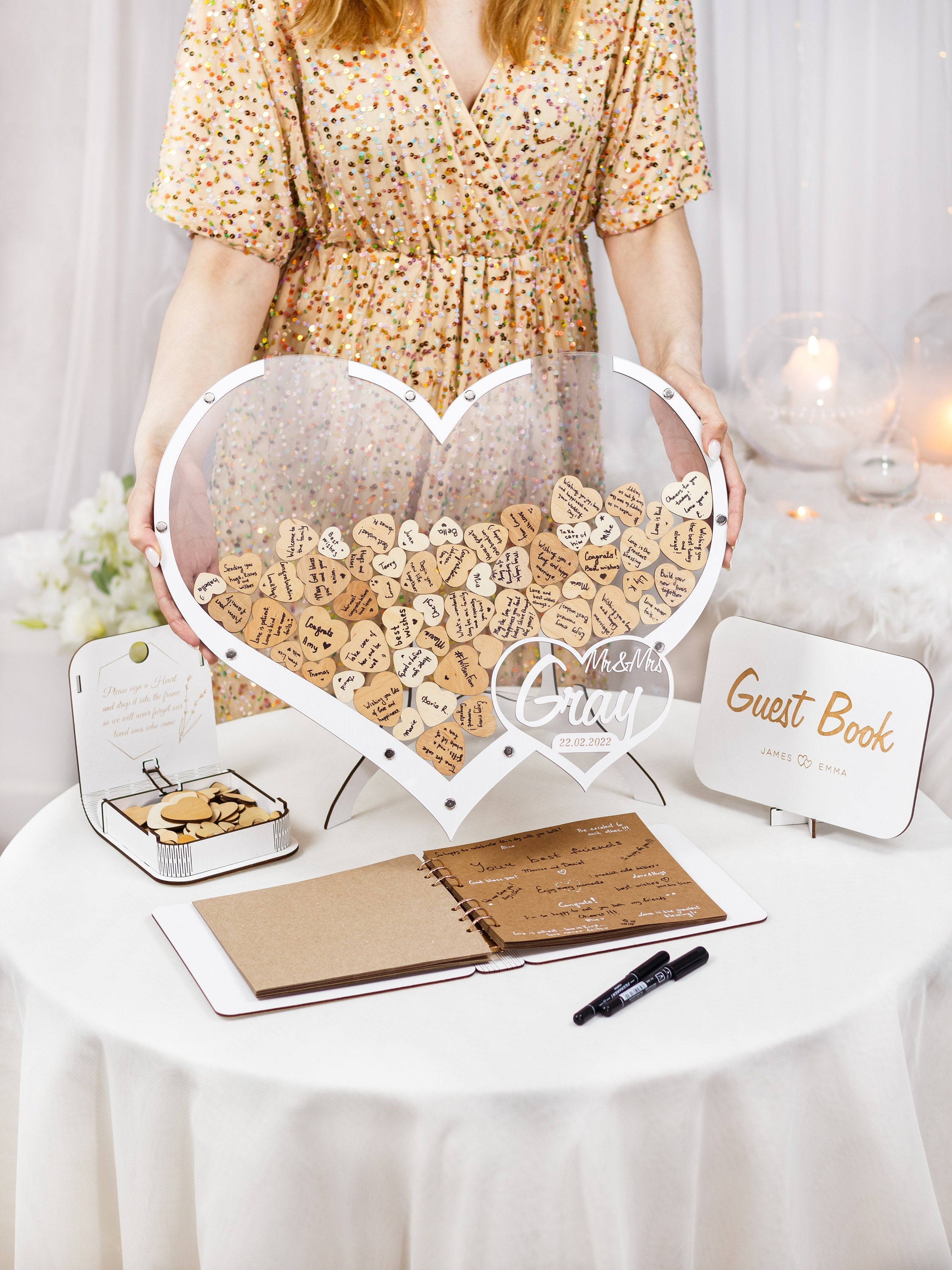 Libro Ospiti Matrimonio Personalizzato In Legno - Guestbook Alternativo Con Cuori Per Firma - Idea Regalo Nozze Rustico