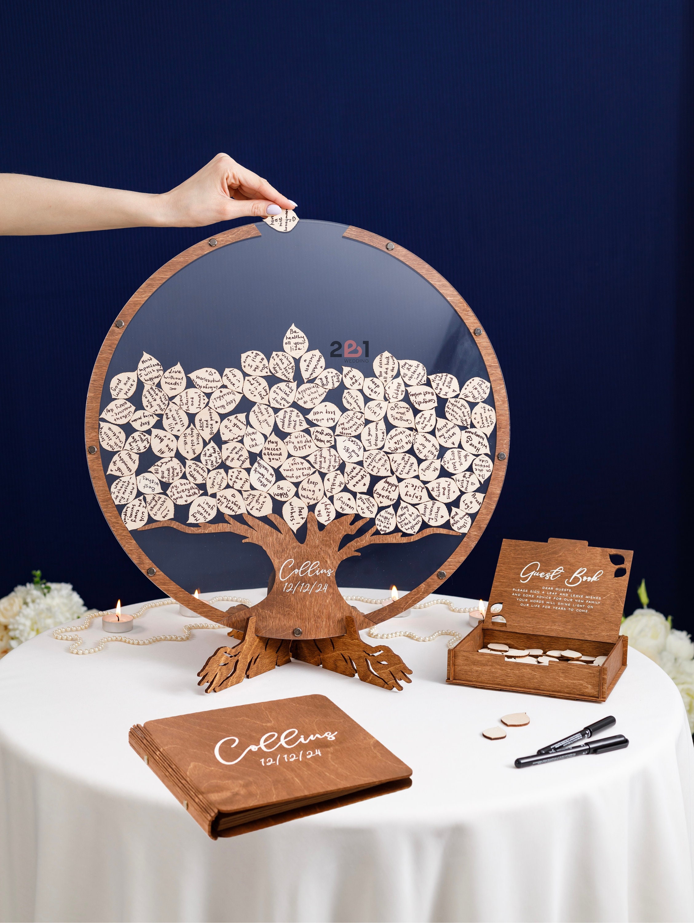 Árbol De Deseos Para Bodas - Alternativa A Libro De Invitados - Hojas De Madera 5cm, Marco Circular Personalizable - Decoración Rústica