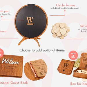 May include: A wooden guest book with a personalized inscription, a wooden box with a lid, and a set of wooden hearts. The guest book has a brown wooden cover with the words "Wilson Ally & Jacob 24 August 2024" engraved on it. The box is also brown wood and has a hinged lid with a small metal latch. The hearts are small and unpainted. The items are arranged on a white background.