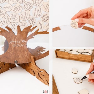 Puede incluir: Un libro de visitas de madera con forma de &aacute;rbol con un soporte. El &aacute;rbol est&aacute; decorado con peque&ntilde;as hojas de madera en las que los invitados pueden escribir mensajes. Las hojas est&aacute;n en una caja junto al &aacute;rbol. El &aacute;rbol est&aacute; personalizado con los nombres "Henry & Chloe" y la fecha "10/12/24".