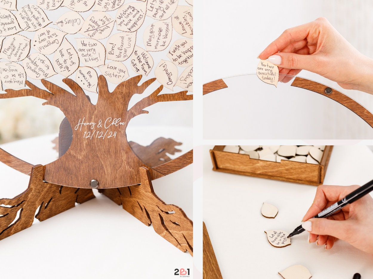 Arbre à Souhaits En Bois Alternative Livre D'Or Mariage - Cadre Circulaire Personnalisable Avec Feuilles