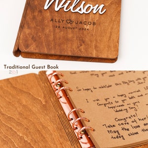 May include: A wooden guest book with a personalized cover. The cover is brown wood with the text "Wilson" in white cursive lettering. Below the name is the text "ALLY JACOB" with a heart symbol between the names. The date "24 AUGUST 2024" is printed below the names. The book is open to reveal blank pages with a copper ring binder.