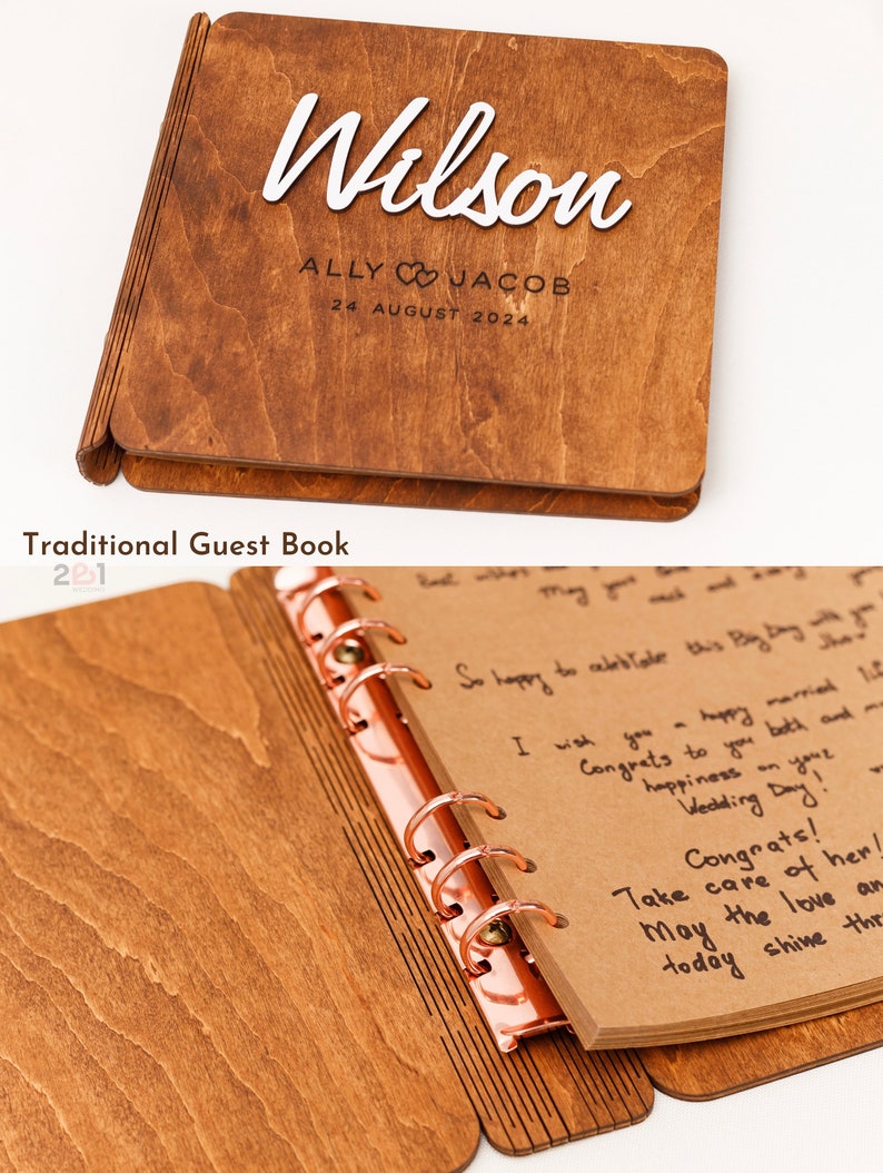 May include: A wooden guest book with a personalized cover. The cover is brown wood with the text "Wilson" in white cursive lettering. Below the name is the text "ALLY JACOB" with a heart symbol between the names. The date "24 AUGUST 2024" is printed below the names. The book is open to reveal blank pages with a copper ring binder.