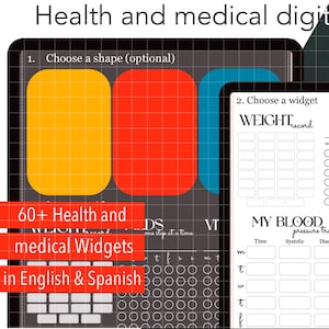 Puede incluir: Una descarga digital de más de 60 widgets de salud y médicos en inglés y español. Los widgets incluyen un registro de peso, un rastreador de medicamentos, un rastreador de presión arterial y un rastreador de azúcar en sangre. Los widgets están diseñados para ser utilizados en planificadores digitales.