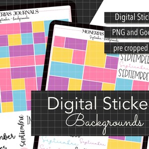 Puede incluir: Fondos de pegatinas digitales en rosa, morado, amarillo y azul. Las pegatinas son para usar en PNG y Goodnotes, con imágenes precortadas. El texto de la imagen dice "Digital Stickers Backgrounds" y "Septiembre".