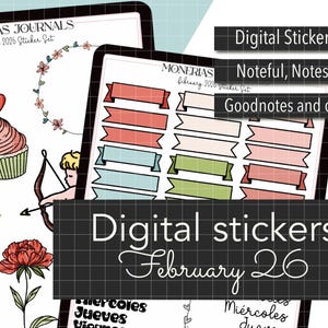 Puede incluir: Conjunto de pegatinas digitales para planificadores digitales. La imagen muestra dos tabletas con varias pegatinas, incluyendo un buzón, una magdalena, Cupido y pancartas. El texto en la imagen dice "Digital Stickers for Noteful, Noteshelf, Goodnotes and others" y "February 26".