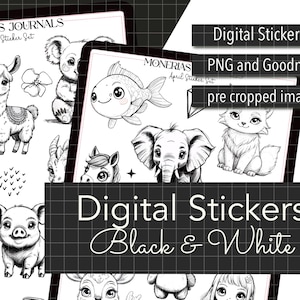 Puede incluir: Un conjunto de pegatinas digitales en blanco y negro con varios animales, incluyendo un panda, una llama, un koala, un pez, un elefante, un gato, un cerdo y un ganso. Las pegatinas están precortadas y listas para usar en PNG y Goodnotes.