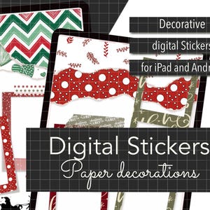 Puede incluir: Diseños de pegatinas digitales para iPad y Android, con efectos de papel rasgado y patrones rojos, verdes y blancos. Incluye marcos, corazones, lunares y el texto "Digital Stickers Paper decorations."