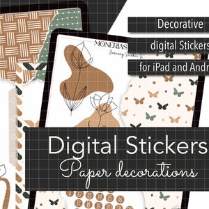 Puede incluir: Diseños de pegatinas digitales para iPad y Android. La imagen presenta decoraciones de papel decorativas con motivos florales y de mariposas en tonos neutros. El texto dice "Digital Stickers" y "Paper decorations".