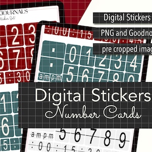 Puede incluir: Pegatinas digitales para planificadores y diarios con tarjetas de números rojas y azules sobre fondo blanco. Las pegatinas están precortadas y disponibles en formatos PNG y Goodnotes.