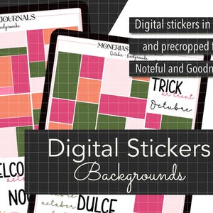 Può includere: Adesivi digitali con sfondi geometrici rosa, verdi e arancioni. Gli adesivi sono pretagliati per planner digitali. Il testo include "Digital Stickers Backgrounds", "Trick or Treat October" e altri saluti stagionali.