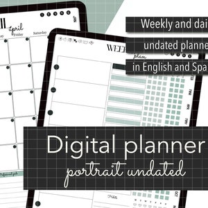 Puede incluir: Un planificador digital con un calendario mensual, un planificador semanal y un planificador diario. El planificador no está fechado e incluye opciones en inglés y español. El planificador está diseñado en orientación vertical.