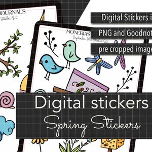 Puede incluir: Un conjunto de pegatinas digitales con ilustraciones de un avión de papel, rama de árbol, caracol, nubes, pájaros, libélula y flores. El texto dice Monerias Journals September 2026 Sticker Set, Digital Stickers in PNG and Goodnotes pre cropped images.