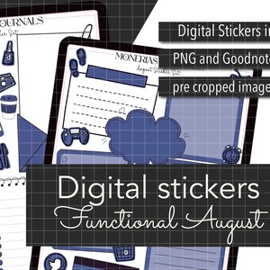 Puede incluir: Pegatinas digitales para planificación digital, con una variedad de iconos y formas en tonos azules y blancos. Las pegatinas incluyen tazas de café, corazones y una nube. El texto en la imagen dice "Digital Stickers Functional August."