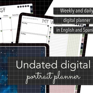 Puede incluir: Planificador digital con un fondo de cuadrícula negra. El planificador incluye un calendario mensual para agosto, un diseño semanal y un diseño diario. El texto en el planificador dice "Planificador digital semanal y diario en inglés y español" y "Planificador de retrato digital sin fecha".