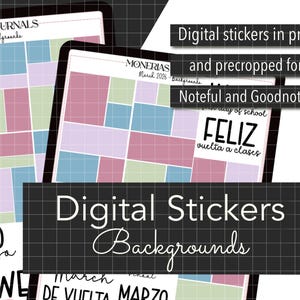 Può includere: Sfondi di adesivi digitali in colori pastello, con motivi geometrici e testo. Gli adesivi sono progettati per l'uso digitale in formato PNG e pre-ritagliati per Noteful e Goodnotes. Il testo "Digital Stickers Backgrounds" è incluso.