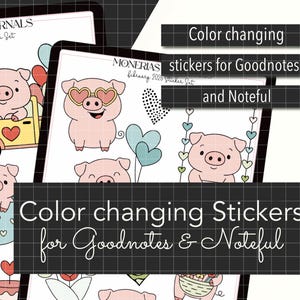 Puede incluir: Conjunto de pegatinas digitales con cerdos de dibujos animados con corazones, coronas y otros elementos temáticos de San Valentín. Las pegatinas están diseñadas para usarse con las aplicaciones Goodnotes y Noteful. El texto dice "Color changing stickers for Goodnotes & Noteful."
