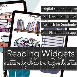 May include: Digital reading widgets for Goodnotes, featuring stickers in English and Spanish. The image shows a set of digital stickers with book illustrations, reading lists, and the text "Reading Widgets customizable in Goodnotes."