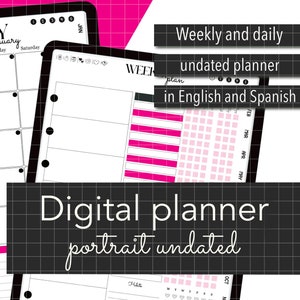 Puede incluir: Un planificador digital con un calendario mensual en blanco y negro, un planificador semanal y un planificador diario. El planificador no está fechado e incluye opciones en inglés y español. El planificador está diseñado en orientación vertical.