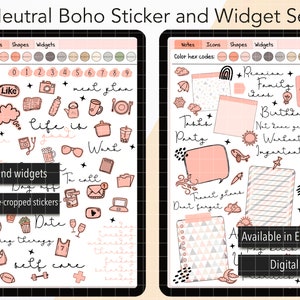 May include: A digital planner sticker and widget set with a neutral boho theme. The set includes over 300 stickers and widgets in pink, brown, and white. The stickers feature various illustrations, including a camera, a cup of coffee, a potted plant, a sun, a cloud, and a plane. The widgets include boxes, frames, and dividers. The text "Available in English & Spanish" and "Digital download" is also included.