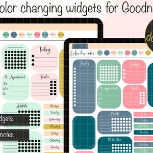 Puede incluir: Una descarga digital de más de 70 widgets que cambian de color para Goodnotes. Los widgets están organizados en categorías como "Tareas", "Hoy", "Hábitos" y "Notas". Los widgets están diseñados para ser utilizados con la aplicación Goodnotes en un iPad u otra tableta.