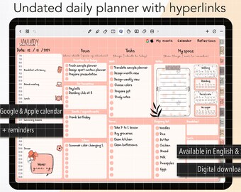 May include: Digital undated daily planner with hyperlinks, in a soft pink grid design. Features sections for focus, tasks, and notes, with a shopping list and a space for ideas. Includes links to Google & Apple calendar and reminders.
