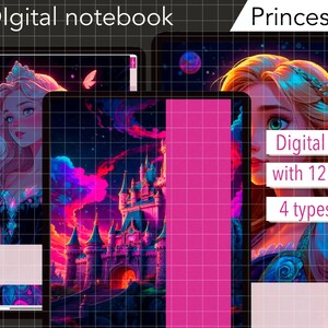 Puede incluir: Portada de cuaderno digital con una princesa de cabello largo y rubio y un castillo rosa y azul en el fondo. El texto "Cuaderno digital con 12 secciones & 4 tipos de papel" se muestra en la portada.