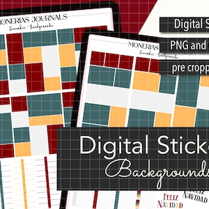 May include: Digital stickers for planners and journals with a Christmas theme. The stickers feature a grid pattern with red, orange, and teal squares. The text "MONERIAS JOURNALS" and "December - Backgrounds" is visible at the top of the image.