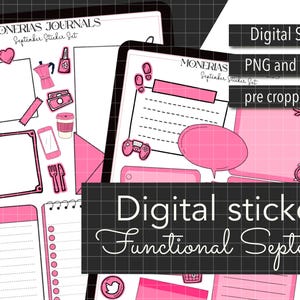 Puede incluir: Pegatinas digitales para planificación digital, con ilustraciones rosas y blancas. Incluye pegatinas de una taza de café, una maceta y una burbuja de diálogo. El texto dice "Digital stickers Functional September."