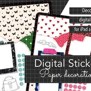 Puede incluir: Diseños de pegatinas digitales para iPad y Android. La imagen presenta decoraciones de papel decorativas con bordes de papel rasgados, mariposas, corazones y marcos. El texto incluye "Digital Stickers" y "Paper decorations".