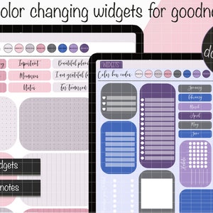 Puede incluir: Dos páginas de planificador digital con widgets que cambian de color para Goodnotes. La primera página presenta un índice de barra de color, una cuadrícula y una variedad de etiquetas. La segunda página presenta un índice de barra de color, una cuadrícula, una lista de verificación, un calendario y una variedad de otros widgets.