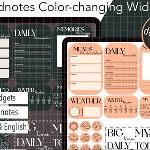 Puede incluir: Una descarga digital de más de 70 widgets Goodnotes que cambian de color en español e inglés. Los widgets están diseñados para usar en la aplicación Goodnotes y presentan una variedad de temas, que incluyen comidas, rutinas diarias, clima, seguimiento del agua y seguimiento del estado de ánimo. Los widgets están disponibles en esquemas de color negro y melocotón.