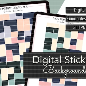 Puede incluir: Dos páginas de planificador digital con un patrón de cuadrícula en negro, blanco, crema, rosa, azul y verde. El texto "MONERIAS JOURNALS" y "Septiembre - Backgrounds" está en la parte superior de la página. El texto "Digital Stickers" y "Goodnotes pre cropped and PNG images" está en la parte superior de la segunda página. El texto "Digital Stickers Backgrounds" está en el centro de la página.