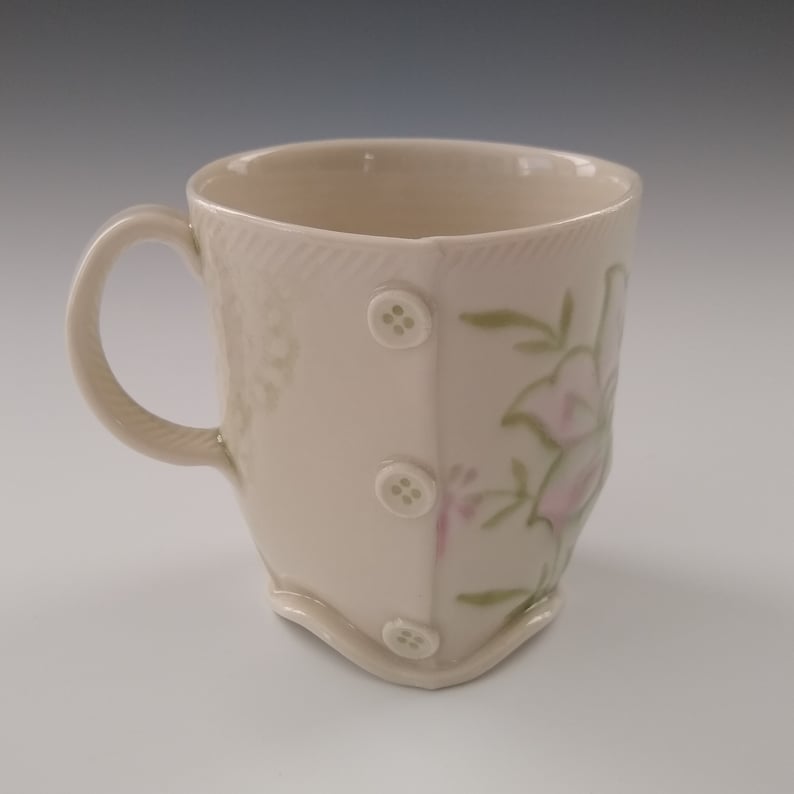 Porcelain Slab Built Floral Teacup with Button Detail by Stacey Esslinger