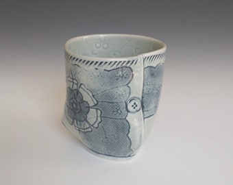 Porcelain 3 Sided Cup in Pale Blue-gray with Black Floral Antique Lace Imprint by Stacey Esslinger