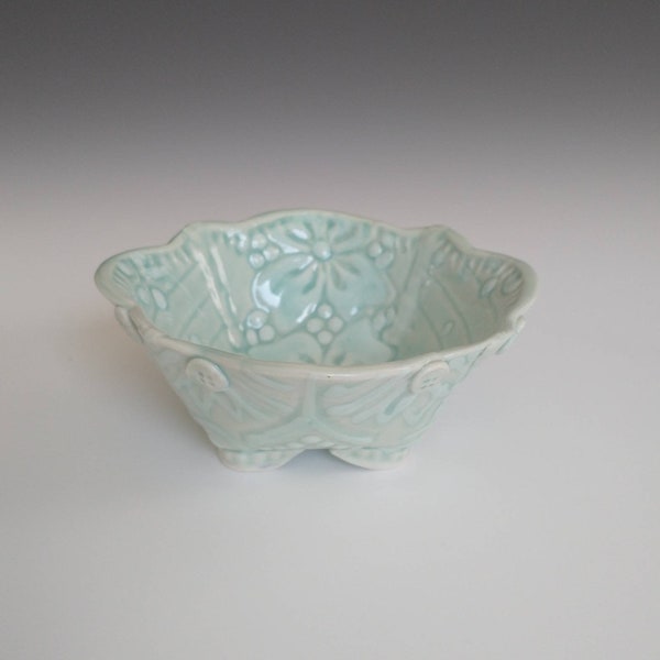 Small Button Bowl with Vintage Embroidery Imprint in Aqua and Turquoise by Stacey Esslinger