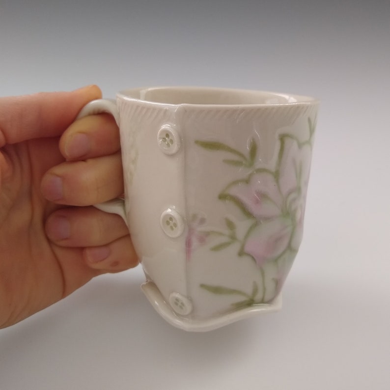 Porcelain Slab Built Floral Teacup with Button Detail by Stacey Esslinger