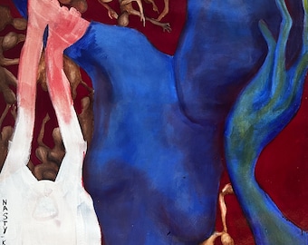 May include: An oil painting on a deep red background featuring a large, central blue figure with a hand raised to its head. To the left, a white garment is held by a pinkish arm. Numerous small, brown, abstract human-like forms surround the figures. The text NASTY KRUTOVA is printed vertically in black on the lower left side.