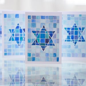 Wenskaart Davidster, Chanoeka, Hanuka, verjaardag, Bar Mitswa, geboorte, Brit, Pesach, shana tova, handgeschilderd uniek stuk www.gabriellartdesigns.com