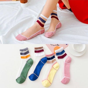 Random Women & Girls Socks, Summer New Female Cotton Candy Color, Patchwork Socks, Striped Girls Cute Transparent Short