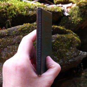 May include: A vintage, dark green book titled "The Tempest" by Shakespeare. The book's spine is visible, with the title embossed vertically. The book is held against a backdrop of moss-covered rocks.