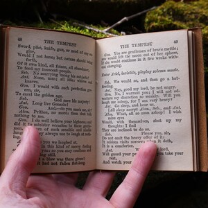 May include: An open, antique book with aged, yellowed pages, held by a hand. The text, from "The Tempest," is visible, with the chapter title and page numbers. The book has a brown leather cover and is set against a blurred green background.